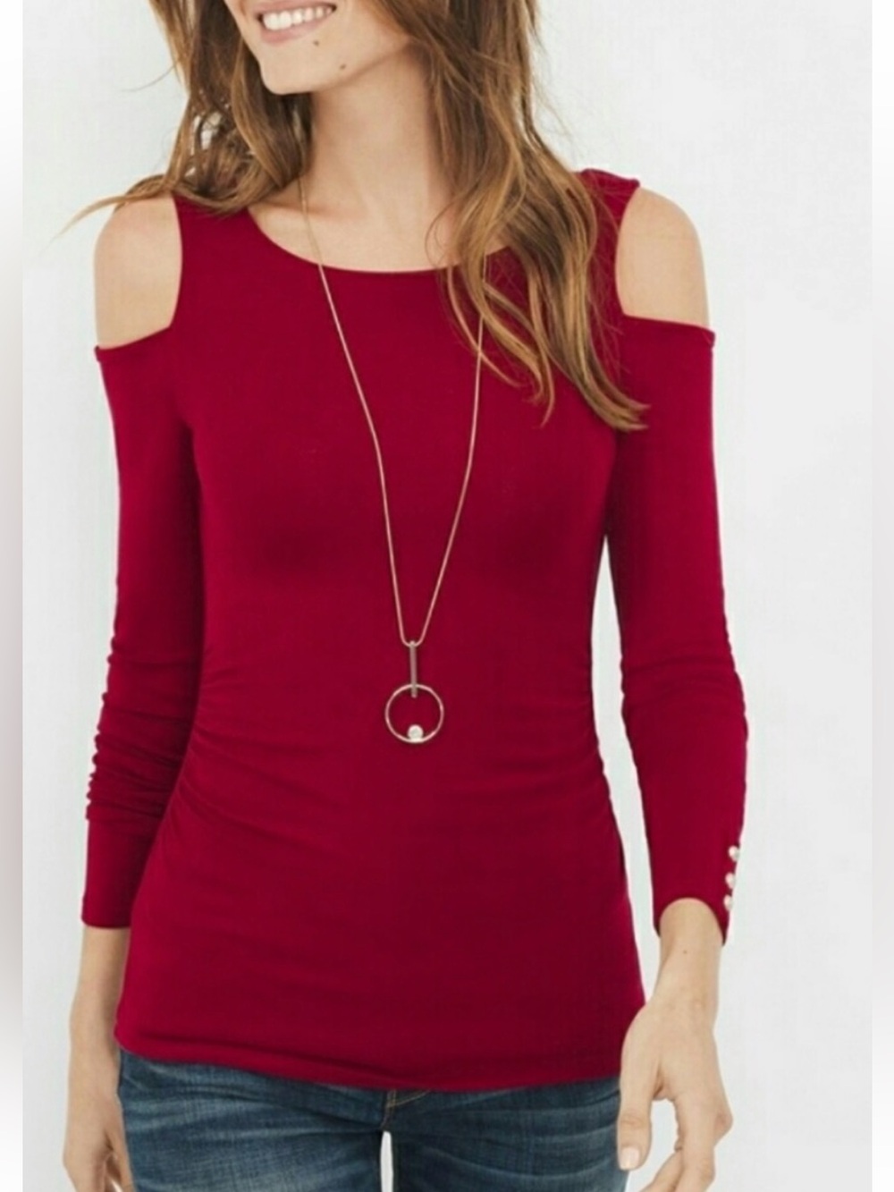 White House Black Market Red Cold-Shoulder Long Sleeve Top Never Worn!